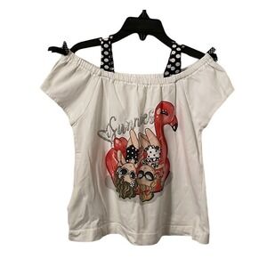 Mayoral Girl's White Sunnies Flamingo Graphic Off‎ Shoulder Top Size 6